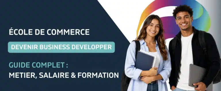 Deux étudiants en école de commerce découvrant le métier de business developer et les opportunités de carrière en alternance.
